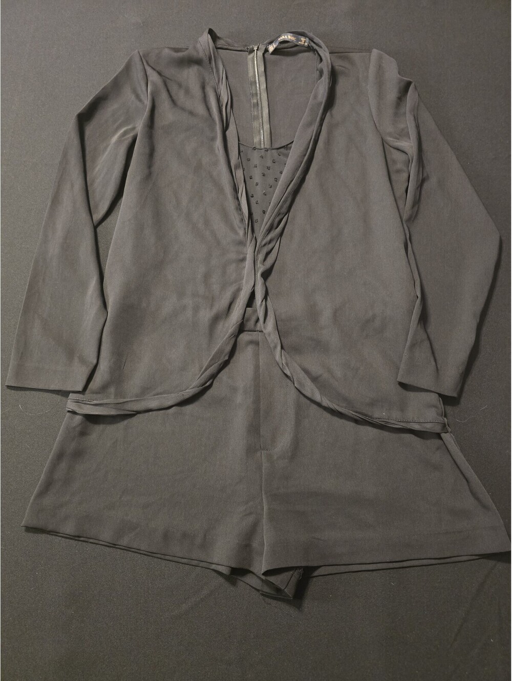Zara Black One Piece Romper Jumpsuit with Plumetis Top & Blazer – Size Small